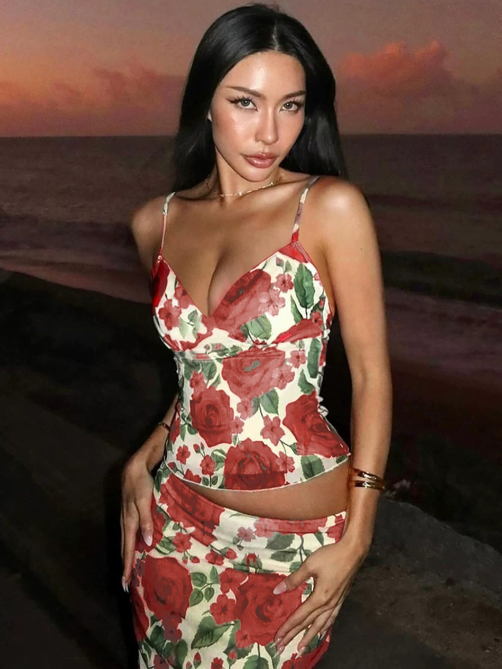 ZARA Summer Floral Print Cami Top Bodycon Maxi Skirt Set for Women